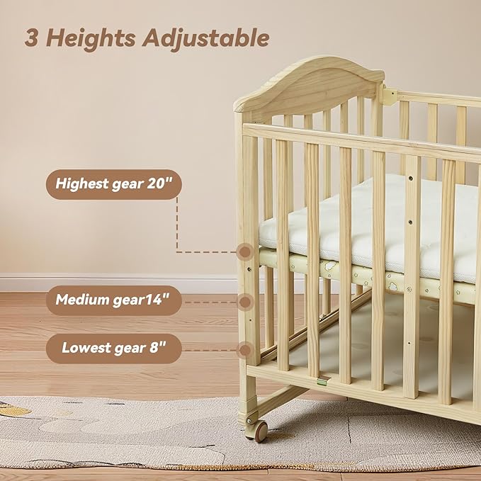 Portable Mini Baby Crib - Cunas para Bebes with Changing Shelf and Mattress Included,2025 Wheeled Wood Baby Bassinet,Bassinet Bedside Co Sleeper for Small Room,Unpainted