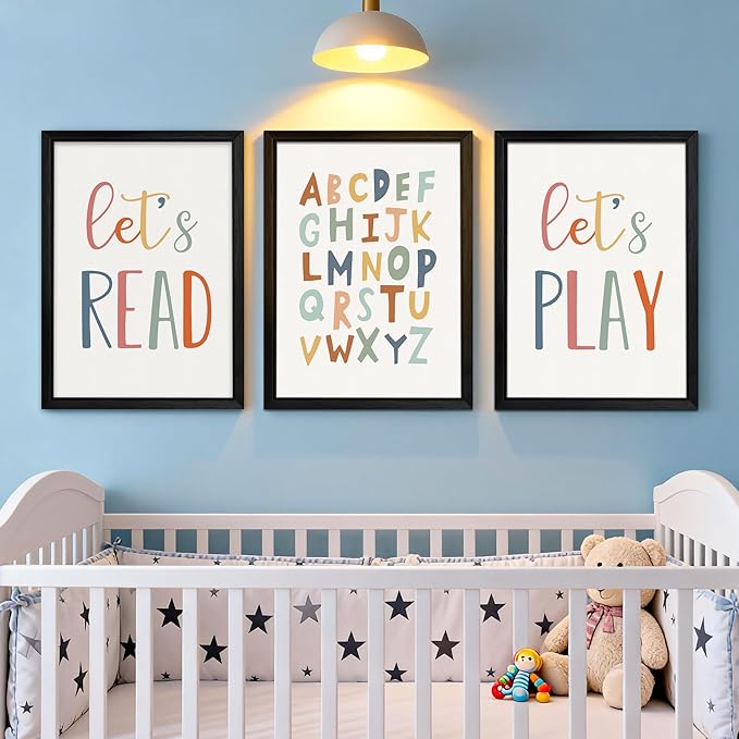 3 PCS Alphabet Framed Playroom Wall Decor,Classroom Must Haves Boho Educational ABC Poster Wooden Sign for Baby Girl Kid Boy Toddlers,Neutral Preschool English Letters Nursery Decor for Homeschool Kindergarten Kids Learning Black