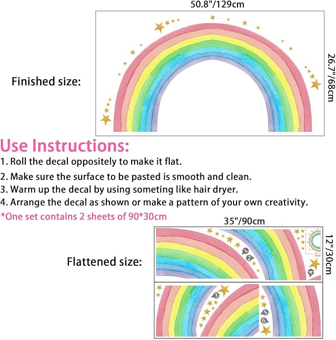Large Watercolor Rainbow Wall Decals, Colorful Nursery Wall Decor, Peel and Stick Wall Decor for Kids, Toddler Bedroom, Living Room, Playroom
