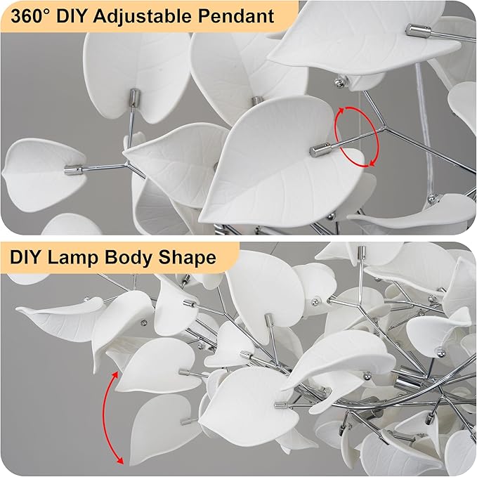 YUYI 47" Ceramic Branch Chandelier, Silver Rectangular Hearted Leaf Chandeliers for Dining Room, Living Room, Kitchen, Foyer, Bedroom, Elegant Art Deco Chandelier Light Fixture