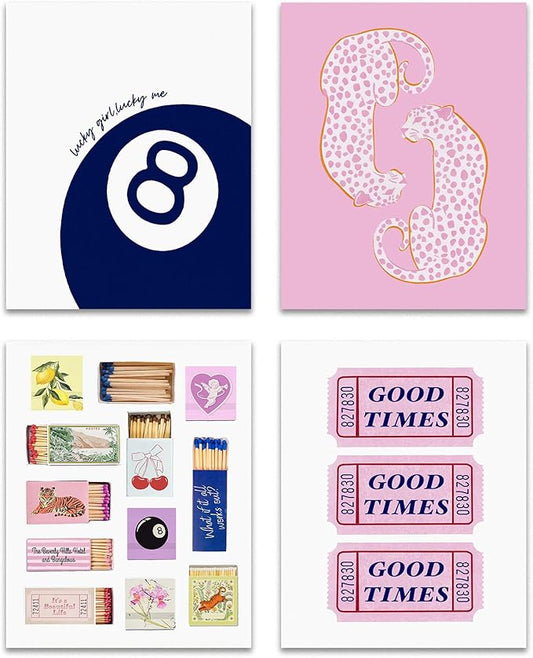 OFJE Trendy Luck 8 Ball Matchbook Cheetah Wall Art Prints Set of 4,Preppy Leopard Posters for Girls Room Bedroom Dorm Apartment Decor, 8x10 Unframed