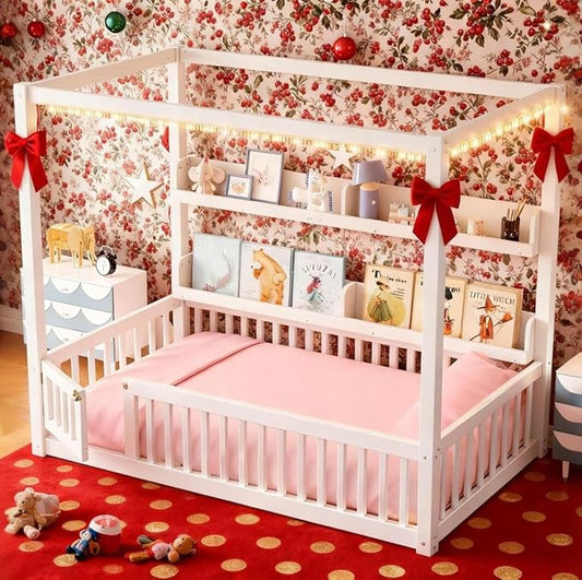 Bellemave Twin Canopy Bed with Rails and Slats,Wooden Floor Bed with Bookcase and 4 Poster Design,Montessori Floor Bed Frame,No Spring Box Needed（Twin,White）