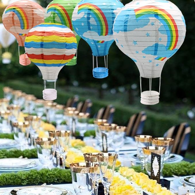 Hanging Rainbow Hot Air Balloon Paper Lanterns Set Party Decoration Birthday Wedding Christmas Party Decor Gift, 12 inch, Pack of 5 Pieces