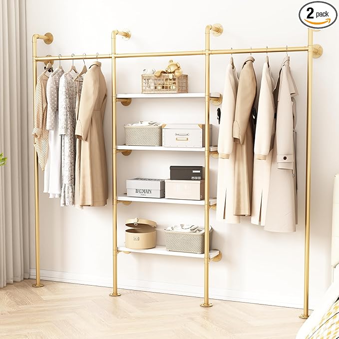 Industrial Pipe Clothing Rack, Wall Mounted Clothes Rack Gold Clothing Rack with Shelves Clothes Hanging Shelf-94.5''L Gold