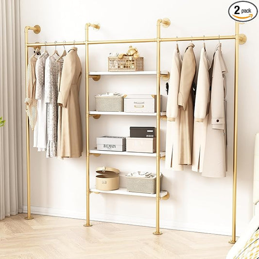 Industrial Pipe Clothing Rack, Wall Mounted Clothes Rack Gold Clothing Rack with Shelves Clothes Hanging Shelf-94.5''L Gold