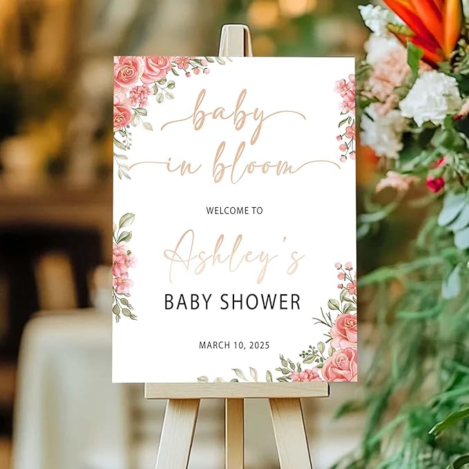 Personalized Pink Roses Baby in Bloom Welcome Sign - Elegant Floral Baby Shower Announcement Sign - Girl Entrance Decor