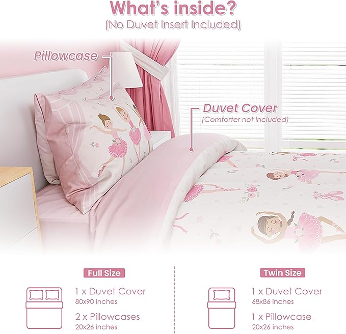 SANDJEST Ballet Duvet Cover Sets Full Size for Kids Girls, Incude 1 Polyester Comforter Cover 80x90 Inches and 2 Pillowcases 20x26 Inches, Comforter Not Included, Gift for Christmas Birthday
