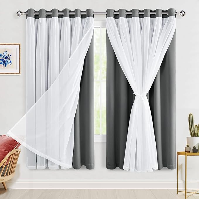 Hiasan Blackout Curtains with Sheer Overlay, Grommet Thermal Insulated Privacy Mix and Match Double Layer Window Curtains for Girls Bedroom, Living Room, 2 Drape Panels with Tiebacks, Grey, 70W X 63L
