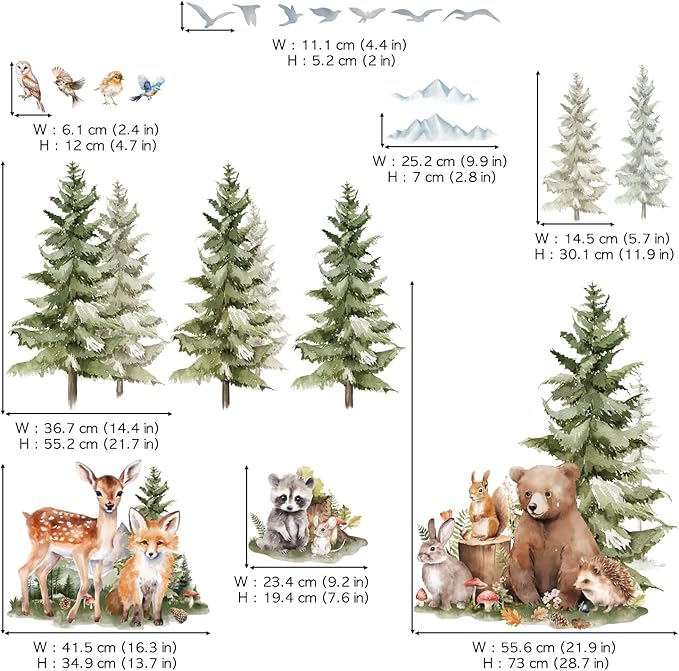 DECOWALL SG4-2422 Large Pine Trees and Forest Animals Wall Decal Stickers Mountain Bear Fox Peel and Stick Wall Art Decals for Kids Room Baby Nursery Woodland Wallpaper Living Bedroom
