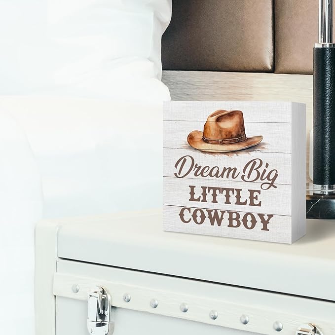 Western Cowboy Wood Box Sign, Dream Big Little Cowboy, Brown Wooden Block Plaque Box Sign, 5x5 Inches, Tabletop Decor