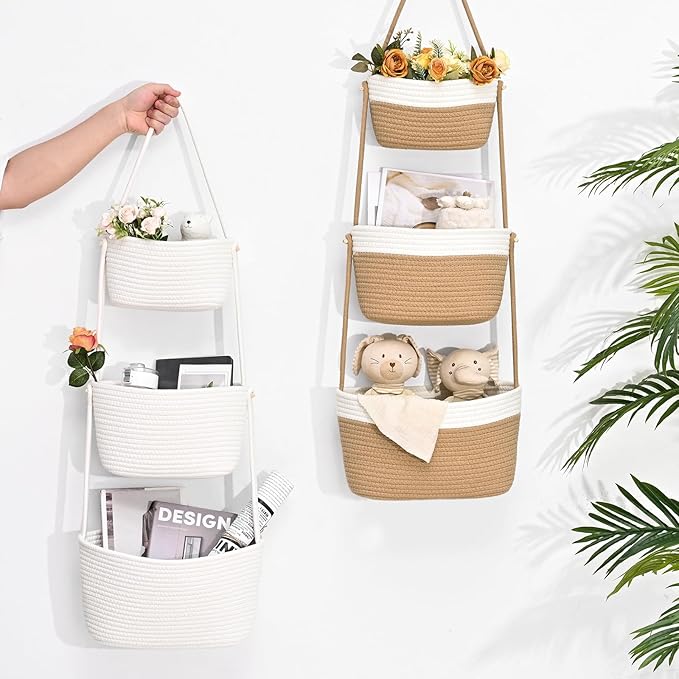 Hanging Storage Baskets, 3-Tier Over the Door Basket, Cotton Wall Baskets Storage, Detachable Hanging Door Basket with 4 Hooks, Over the Door Organizer Nursery for Bedroom, Living Room, Bathroom Wall