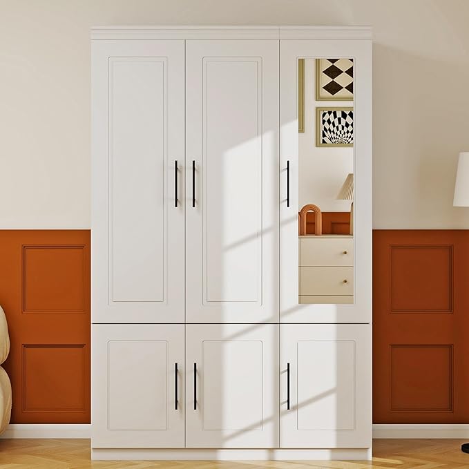 3 Door Armoire Wardrobe Closet with Mirror: White Wood Wardrobe Closet Cabinet Wooden Bedroom Armoire with Hanging Rods for Home/Bedroom/Living Room