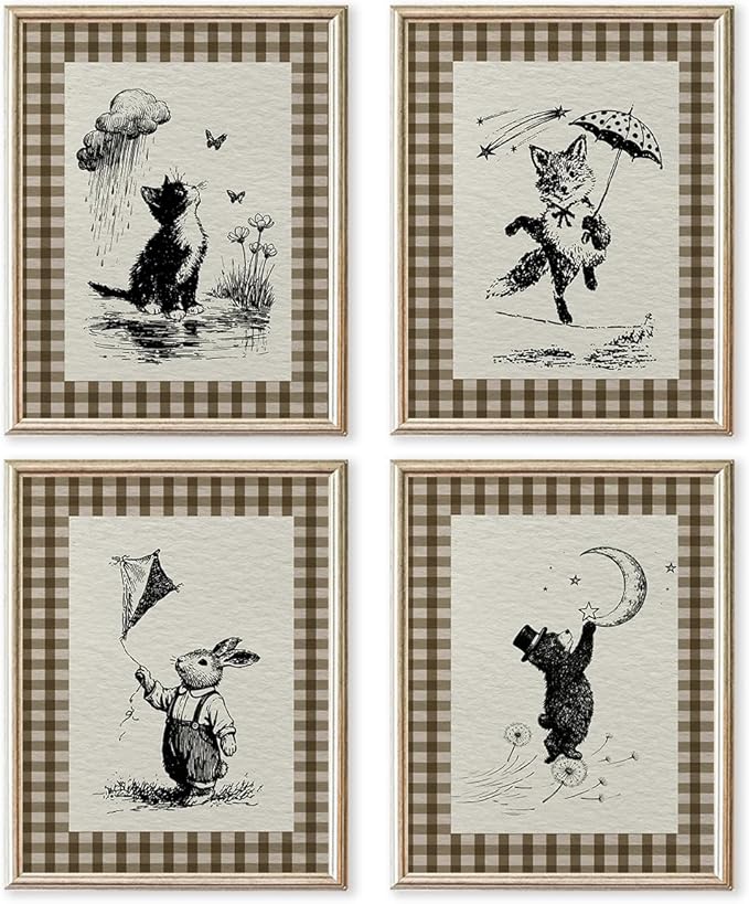 IORAFOUDUO Vintage Cute Animal Nursery Wall Art Decor Prints Unframed Set of 4, Vintage Baby Girl Boy Nursery Decor, Fairytale Cat Bunny Fox Bear Wall Decor for Kids Toddler Room Bedroom Playroom 8x10