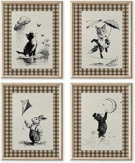 IORAFOUDUO Vintage Cute Animal Nursery Wall Art Decor Prints Unframed Set of 4, Vintage Baby Girl Boy Nursery Decor, Fairytale Cat Bunny Fox Bear Wall Decor for Kids Toddler Room Bedroom Playroom 8x10