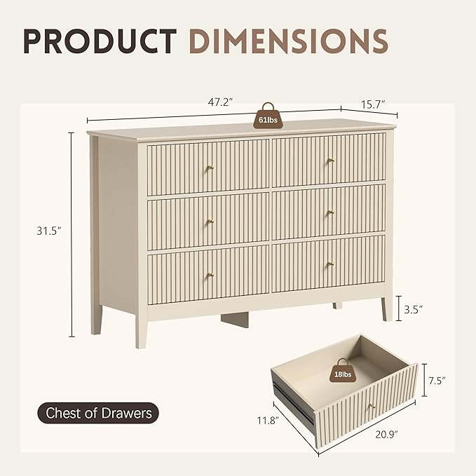Beige Dresser for Bedroom, 6 Drawers Fluted Chest of Drawers with Storage, Modern Wide Storage Dresser with Paint Design, Wood Drawer Organizer Beige Dressers for Entryway, Hallway