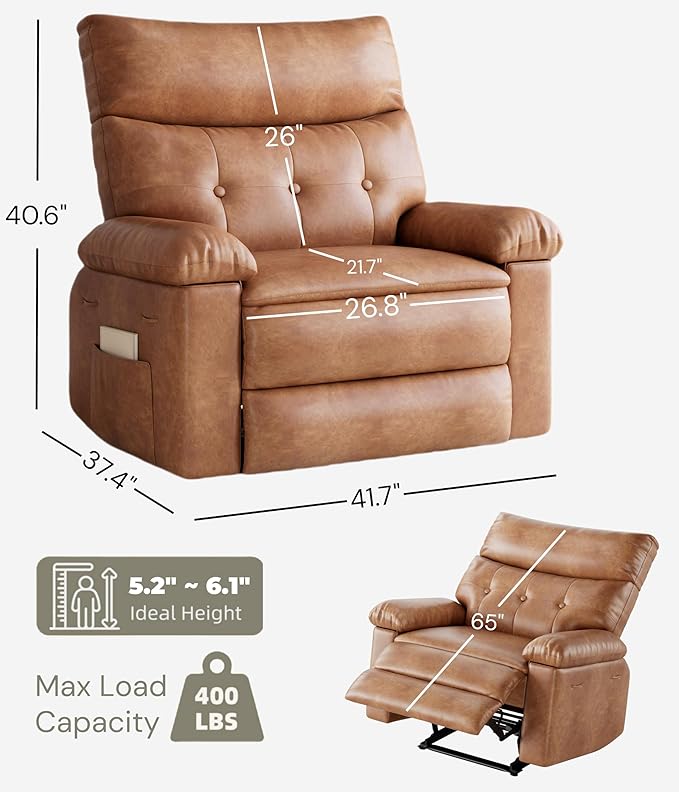 GarveeHome Extra Wide Recliner Chair - PU Leather Oversized Manual Recliner for Adults, Lazy Chair with 1.5X Sponge Comfort Arm and Back for Living Room, Bedroom