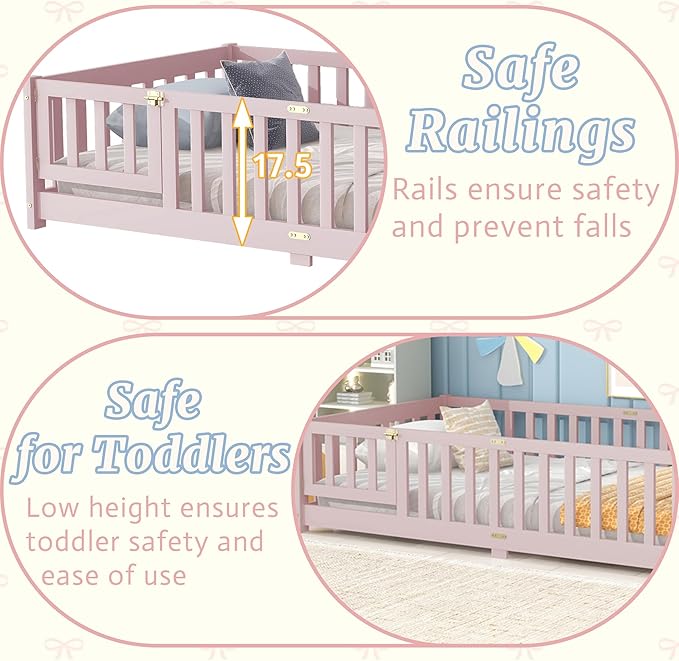 Twin Size Floor Bed for Kids, Wood Montessori Floor Beds with Fence Railings, Door & Slats Support, Twin Playhouse Bed Frame for Boys Girls, No Box Spring Needed, Pink