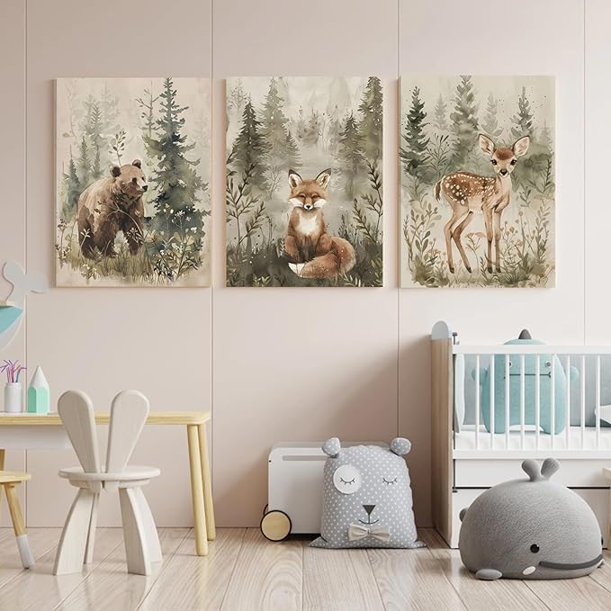 ICHZUMW Woodland Animals Nursery Wall Decor, Nursery Wall Art, Watercolor Bear Fox Deer Painting Print Artwork for Boys Girls Kids Room, Wrapped Canvas, Ready to Hang, 16x24in, Set of 3