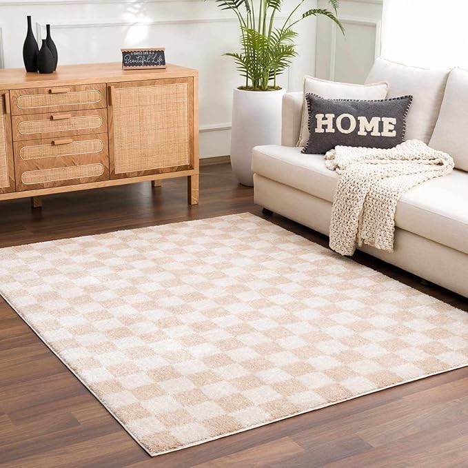 BoutiqueRugs Canika Modern Checkered Shag Rug - High Pile Fluffy Shaggy Carpet for Hallway, Nursery, Playroom, Girls Boys Room - Machine Washable - Peach, Beige - 6'7" x 9' (6x9)