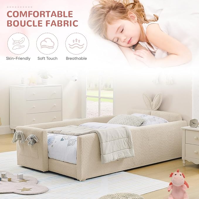 Twin Size Kids Bed with Rabbit Ear Headboard, Upholstered Boucle Fabric Twin Daybed with Slats Support & Side Pockets, Space-Saving Wooden Corner Sofa Couch Bed Frame, for Girls, Boys, Teenager(Camel)