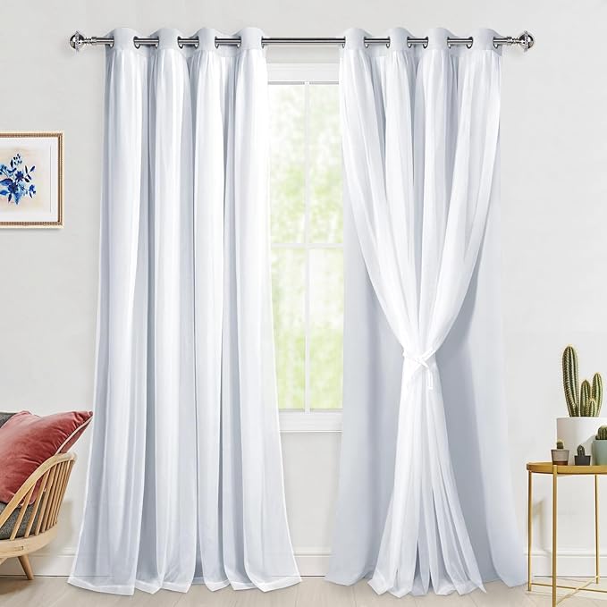 Hiasan Double Layer Blackout Curtains with Sheer Overlay, Extra Long Mix & Match Thermal Insulated Grommet Window Curtains for Bedroom, Living Room, 2 Panels with Tiebacks, Greyish White, 52W X 108L