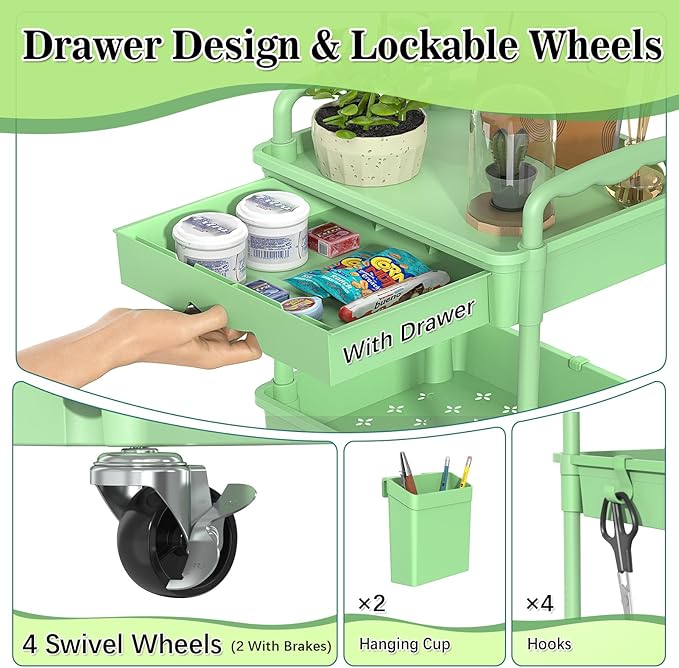 3-Tier Rolling Cart with Drawer & Lockable Wheels, Bathroom Storage Organizer Multifunctional Rolling Storage Cart for Bathroom, Kitchen, Office, Craft, Makeup, Baby Essentials, Green