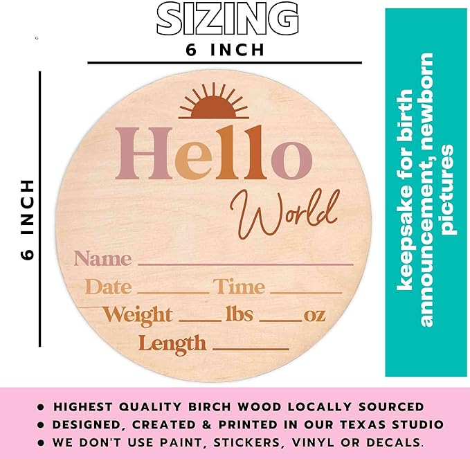 Hello World Newborn Sign - Baby Name Birth Announcement Plaque for Hospital - Photo Prop - Nursery Decor - Shower Gift