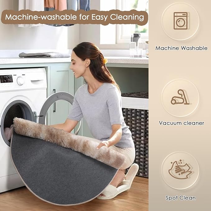 Amdrebio Tie-Dyed Beige Tan Round Circle Area Rug 5Ft for Bedroom, Fluffy Plush Shag Furry Rugs for Kids Room, Living Room Decor Aesthetic, Cute Fuzzy Neutral Carpet for Baby Nursery Playroom Dorm