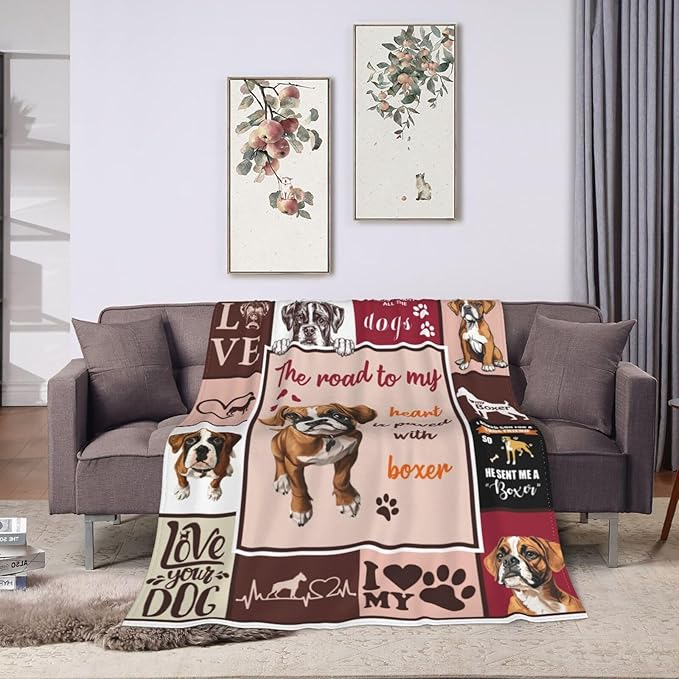 Boxer Blanket Cute Puppy Decor Throw Blanket Super Soft Flannel Lightweight Fluffy Plush Cozy Fuzzy Fleece Blanket Gifts for Dog Lover Girl Boys Woman Man Kids Adults for Bed Sofa Couch 50"X60"