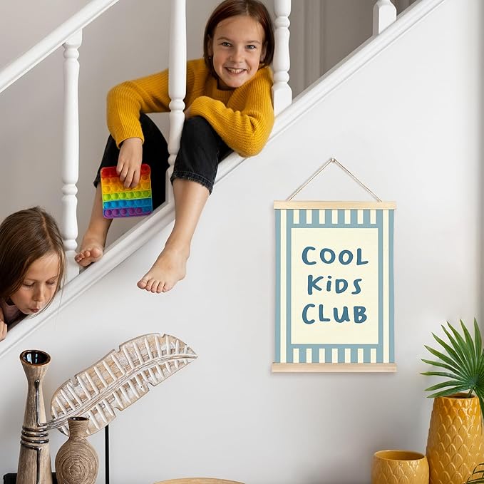 Hiuwevt Kids Room Wall Art, Cool Kids Club Poster Hanger Frame, Preppy Blue Striped Wall Art Home Decor for Boys Toddler Nursery Room Bedroom Playroom, 12x16 Inch