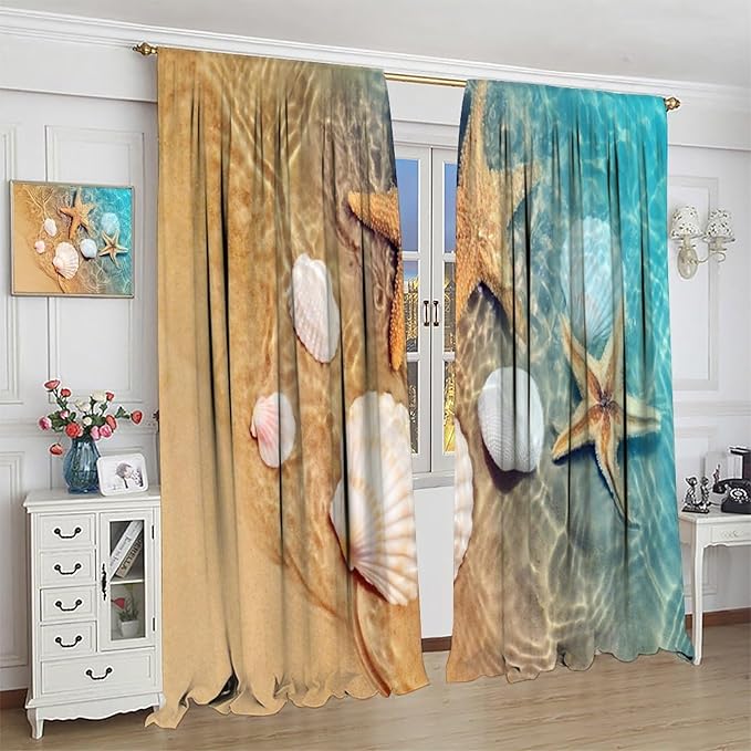 Beach Curtain for Bathroom Decor，Sea Turtle Starfish Seashell Nautical Ocean Coastal Scenery Art Printed Fabric Polyester Waterproof Set 2 Panels,42x54 Inches