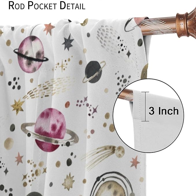 Kids Outer Space Curtains, Cartoon Galaxy Planet Universe Starry Starts Printed Window Drapes for Boys Girls Teens Bedroom Nursery 52" W X 84" L