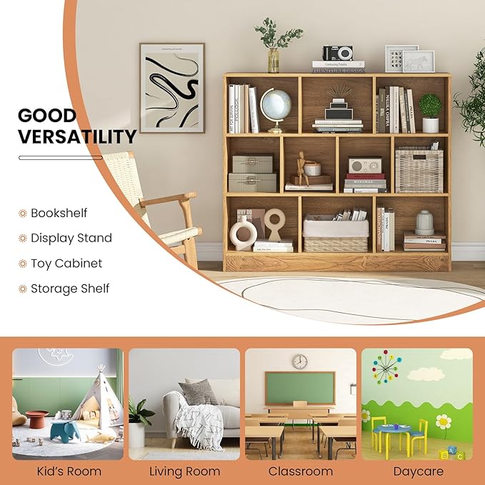 Costzon 10-Cube Bookshelf for Kids, Wooden Toy Storage Organizer w/ 2 Anti-Toppling Kits, 3 Tier Open Shelves & Non-Slip Foot Pads, Montessori Toy Shelf for Kids Rooms, Playroom, Classroom, Nursery