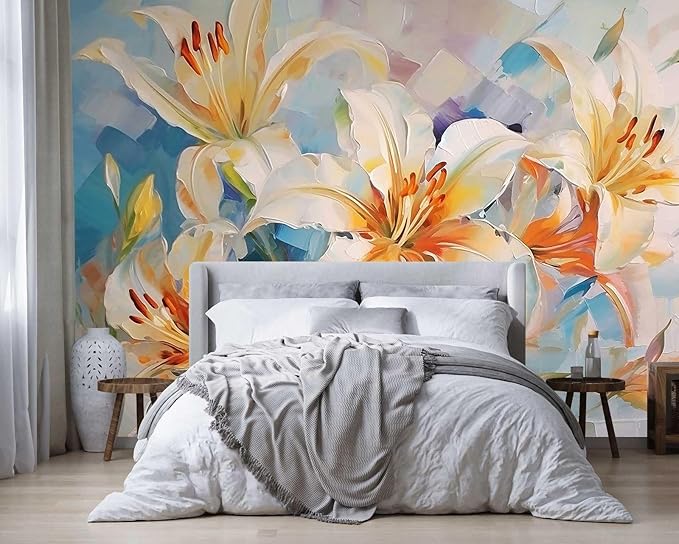 Floral Wallpaper Handmade Oil Painting Watercolor Art Lily Flower Wall Mural for Bedroom Living Room (Not Self-Adhesive)