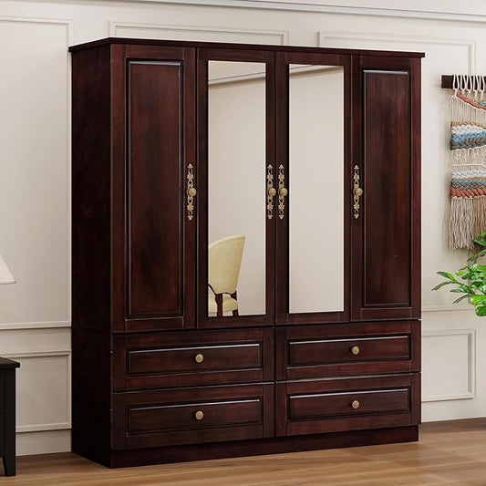 Solid Wood Armoire:4 Doors Wardrobe Closet with Mirror Drawers and Hanging Rod,Storage Cabinet Clothes Organizer for Bedroom Brown Black