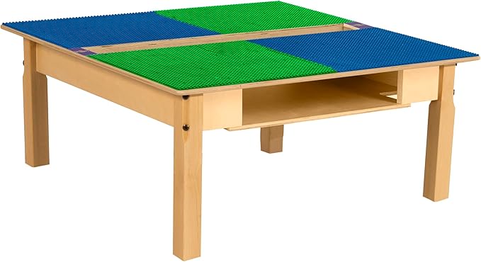 Time-2-Play 35" Square Blue & Green Lego Compatible Blocks Play Table for Kids, Solid Wood Desk with Trough and Shelf for Elementary School, Toddlers [ 14" Long Legs]