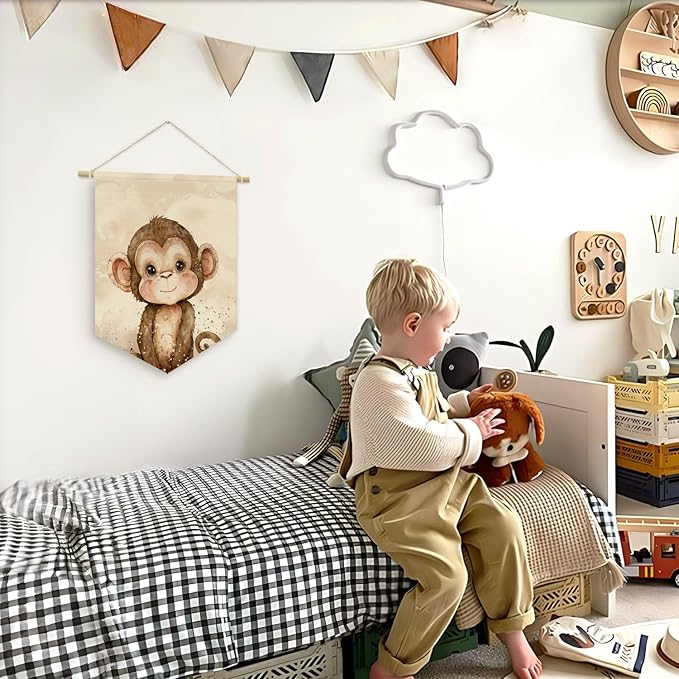 Safari Nursery Decor, Baby Monkey Cute Wall Art,Kids room Canvas Banner, Woodland Nursery Decor, Watercolor Animal Monkey for Living Room Bedroom, Hanging Pennant Flag Banner 15x11in