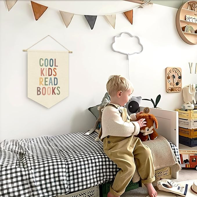 Cool Kids Read Books Reading Room Decor - Boho Rainbow Canvas Banner Flag Decor for Kids Nursery Toddler Reading Corner Nook Classroom Library, Wall Hanging Pennant Flag Banner 15x11in