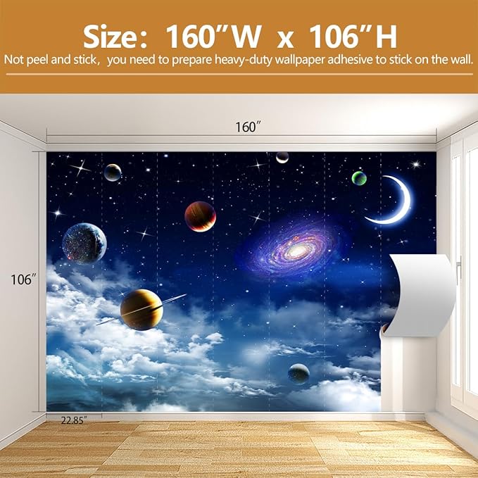 Galaxy Planet Wallpaper Blue Sky Stars Moon Ceiling Wall Mural for Living Room Bedroom（Not Peel and Stick）
