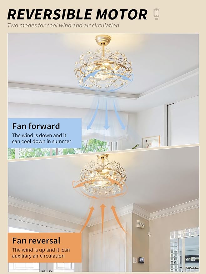 20" Gold Crystal Fandelier Ceiling Fan with Light, Mid-Century Chandelier Ceiling Fan with Light Remote Control, Flower Caged Enclosed 6 Speeds for Bedroom, Nursery, Foyer, Living Room