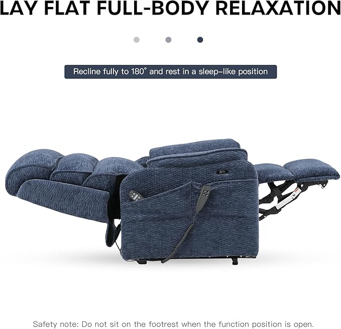 DYNOX 300 LBS Power Lift Recliner Chair for Elderly, Small Size Dual Motor Lay Flat Infinite Positions Recliner with Heat, Massage & USB Charging Port (9188S,Chenille,Blue)