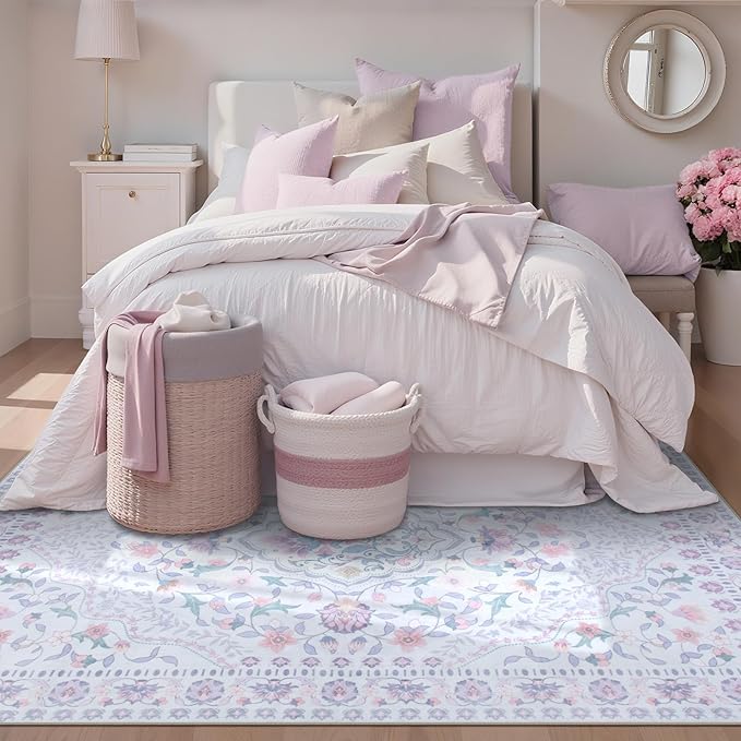 Wonnitar Floral Purple Rug for Nursery, Washable 5x7 Kids Rug, Boho Ultra-Thin Soft Non Slip Vintage Carpet for Bedroom Dorm Living Room Playroom Office, Pale Purple