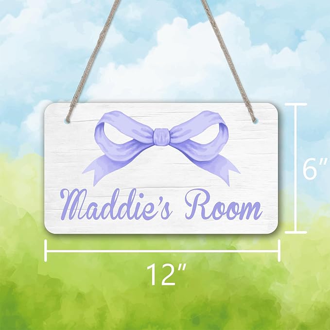 Personalized Lavender Purple Bow Kids Room Door Sign Custom Name Girls Boys Bedroom Decor Toddler Baby Nursery Wood Art Wall Plaque 12x6 Inches