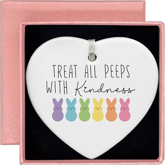 Heart Shaped Christmas Ornament-Reminder Gift-Easter Teacher Appreciation Treat All Peeps with Kindness Positive Motivational Decor Ornament Ceramic Keepsake with Gift Box