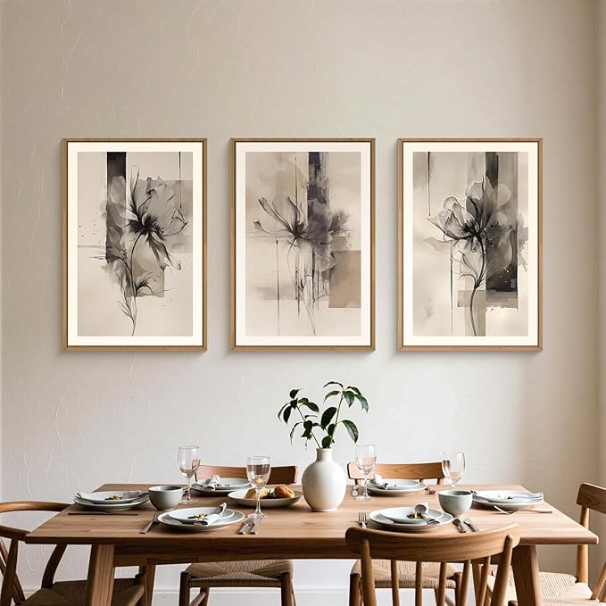 FWIEXA Black Beige Floral Canvas Wall Art Set 3, Neutral Abstract Florals Framed Prints, Brushstroke Geometry Line Paintings, 24x36In Watercolor Ink Artwork Poster for Farmhouse, Living Room, Bedroom, Office