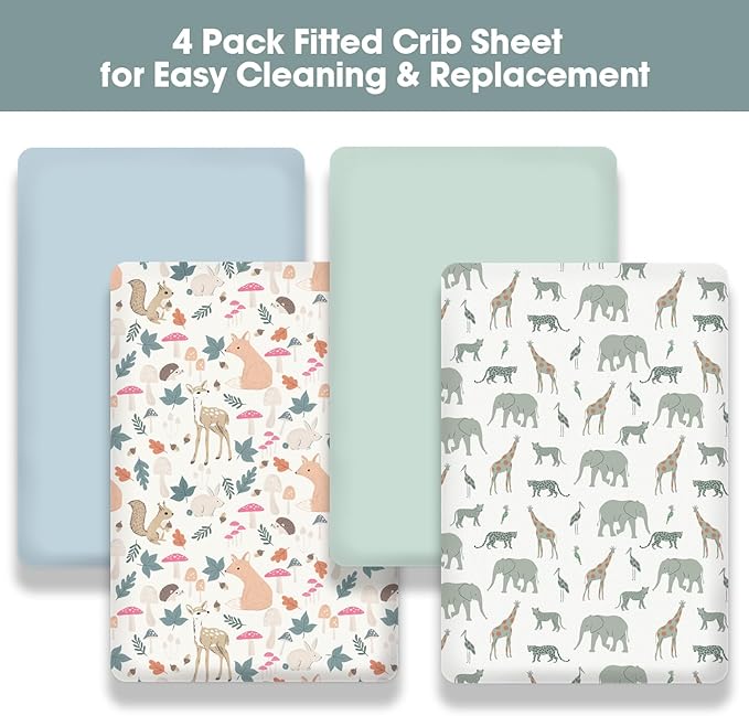 Little Grape Land Crib Sheets 4 Pack for Boys and Girls, Baby Neutral Crib Fitted Sheets for Standard Crib & Toddler Mattress, Super Soft Breathable Fitted Crib Sheet Set, Safari & Squirrel