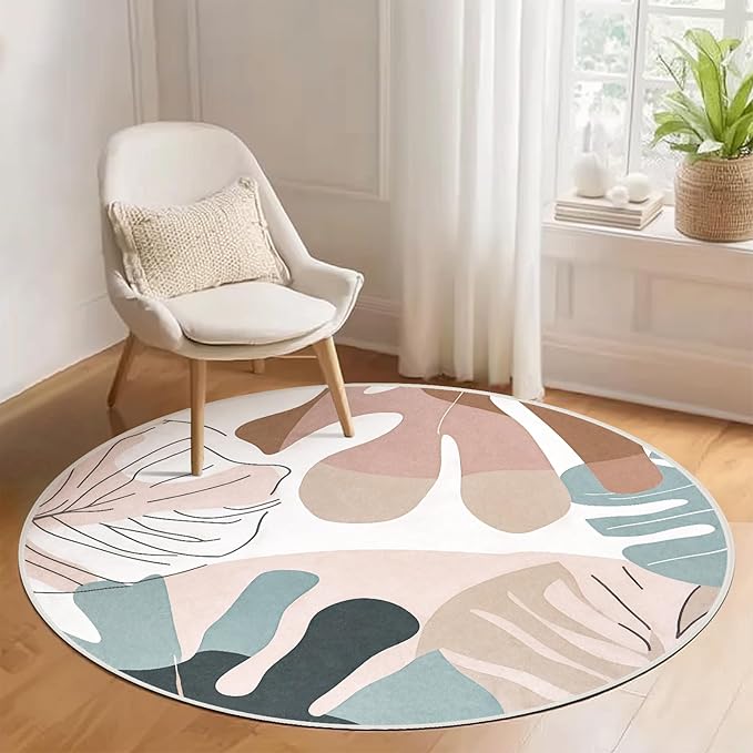 4' Machine Washable Round Area Rug, Non-Slip Abstract Boho Circle Floor Rugs for Kids, Low Pile Room Carpet for Living Room, Bedroom, Dining Room & Nursery(4' Pink)