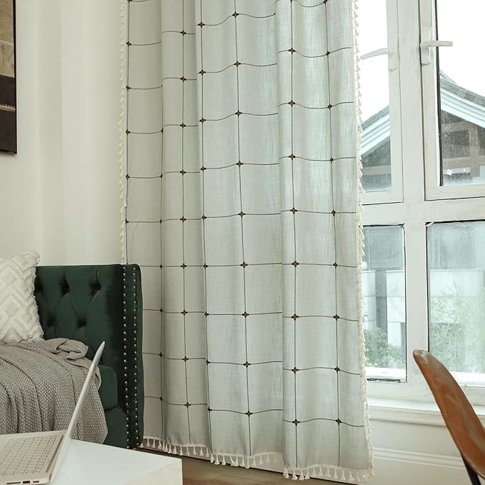 Deeprove Boho Curtains 84 Inches Long for Bedroom, Checkered Bohemian Chic Textured Embroidery Plaids, Vintage Tassels Country Decor Drapery, Rod Pocket, 1 Panel W52 x L84, Dusty Greyish Cream