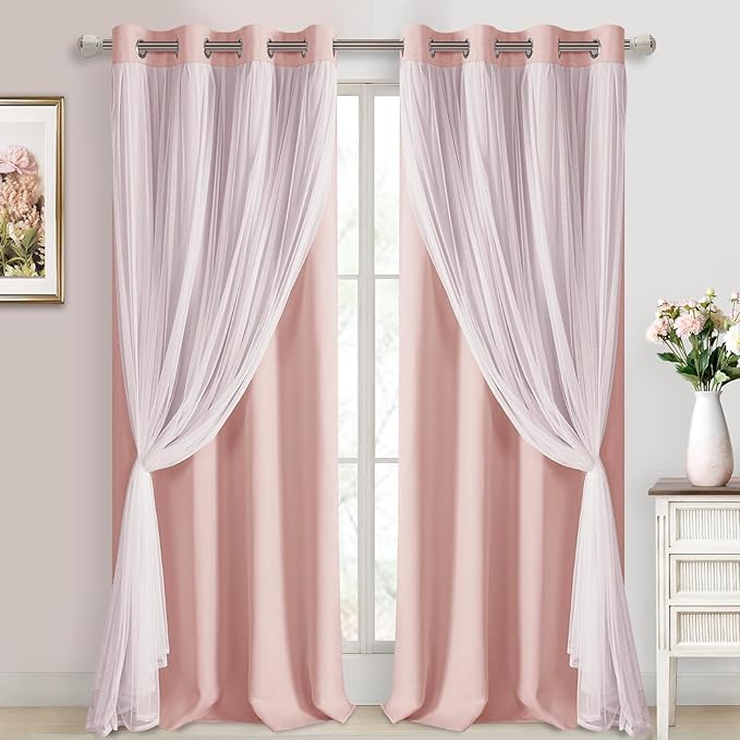DWCN Layered Curtains Blackout and Sheer Curtains with Tiebacks Grommet Top Window Treatments with Sheer Overlay for Living Room, Girls Bedroom, Nursery, 52 W by 96 L, Rose Blush, 2 Pieces