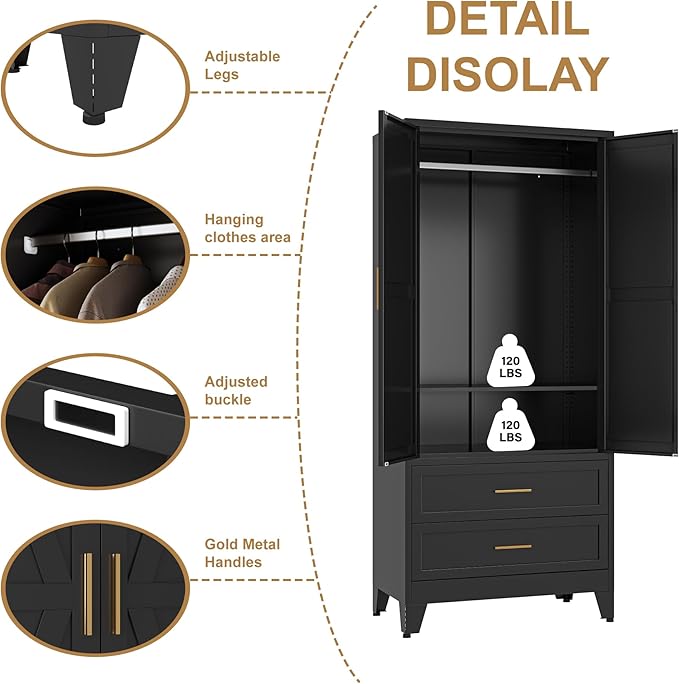 Metal Wardrobe Closet Cabinet with Drawers,71" H Large Bedroom Armoires with Shelves and Hanging Rod,Wardrobe Storage Cabinet with 2 Doors, 1 Adjustable Shelf and Drawers (2Drawer, Black)